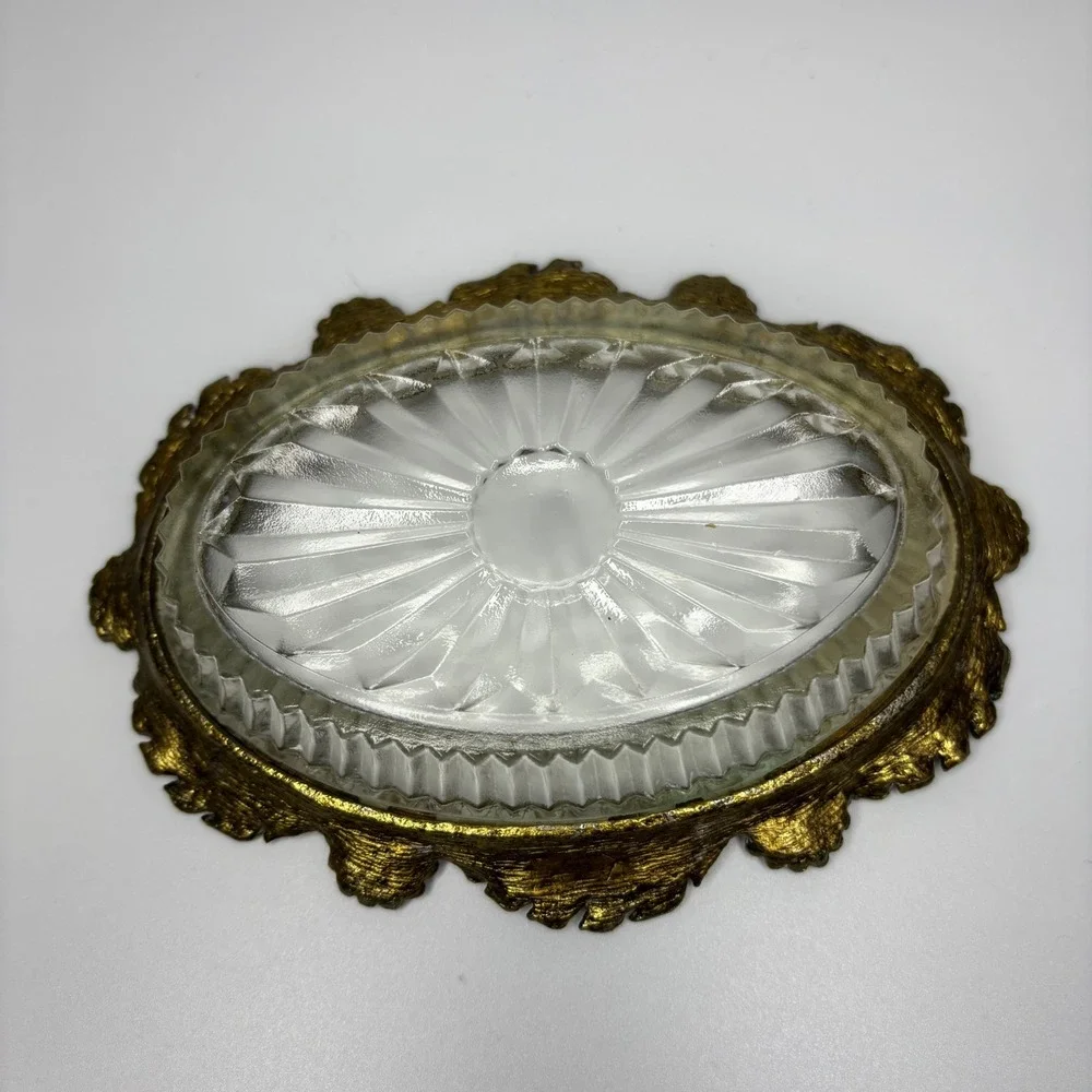 Vintage Matson Hollywood Regency Style Metal and Cut Glass Floral Soap Dish